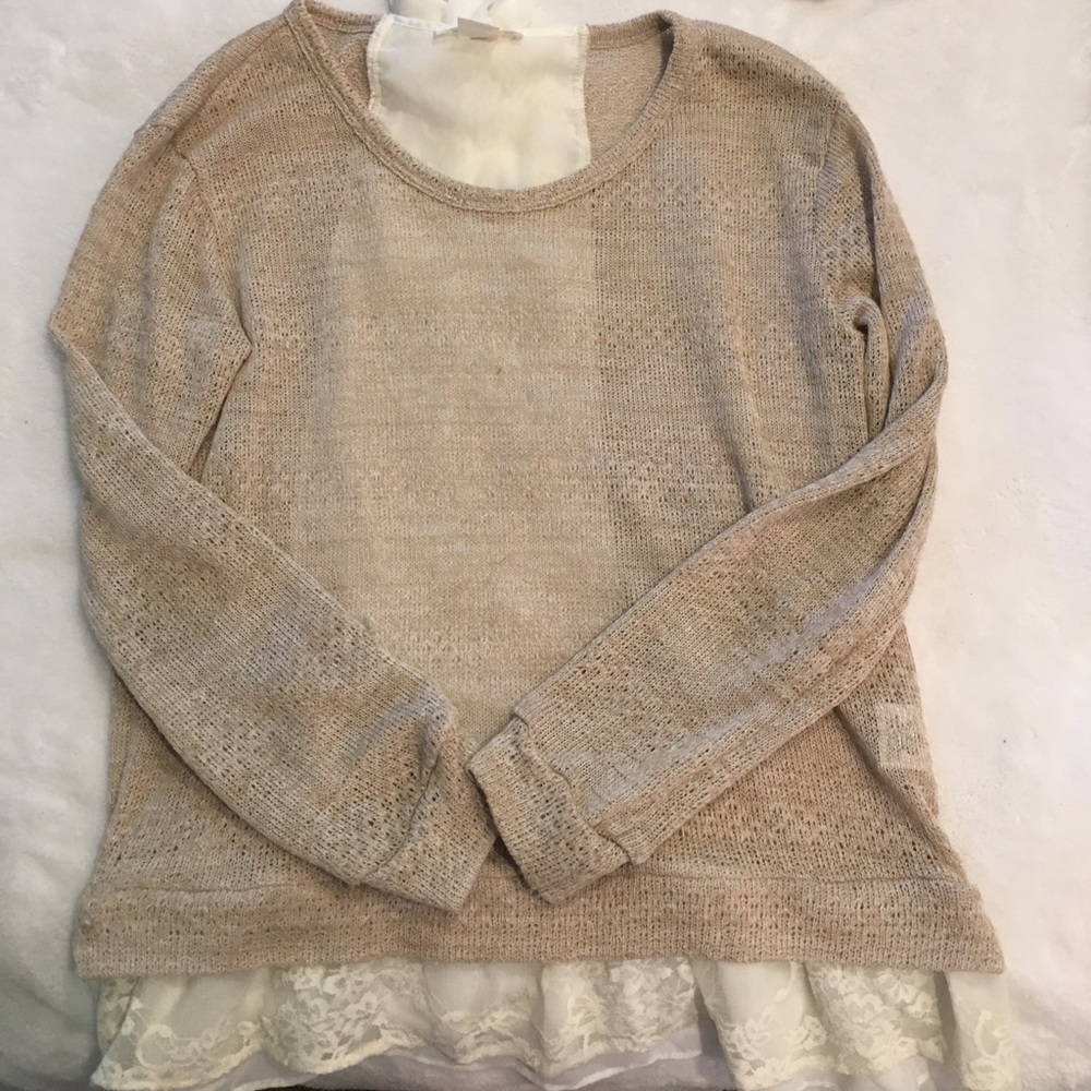 Anthropologie Sweater, tan and white lace