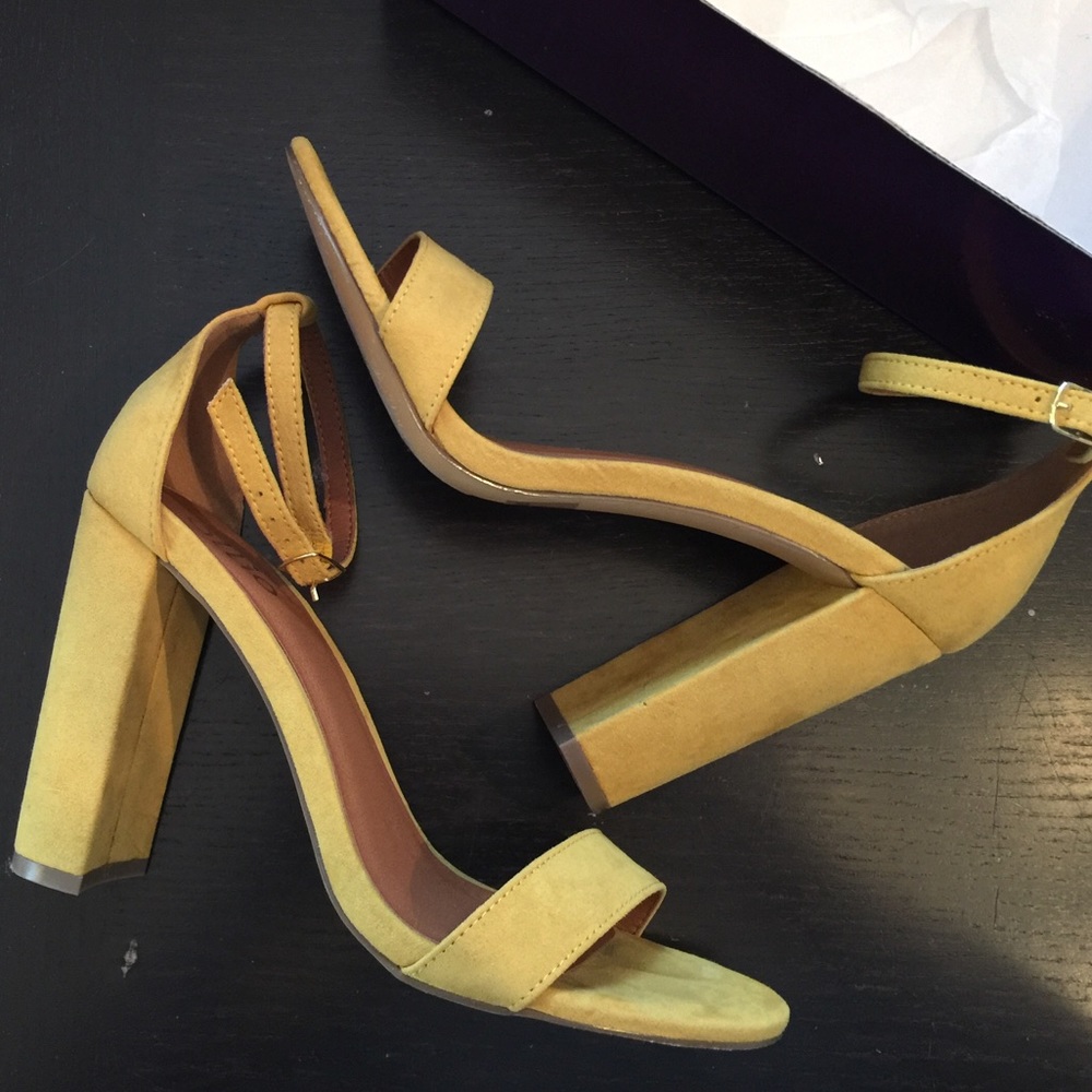 Mustard yellow suede chunky heel sandals