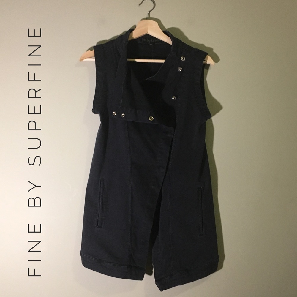 Long black snap up asymmetrical vest
