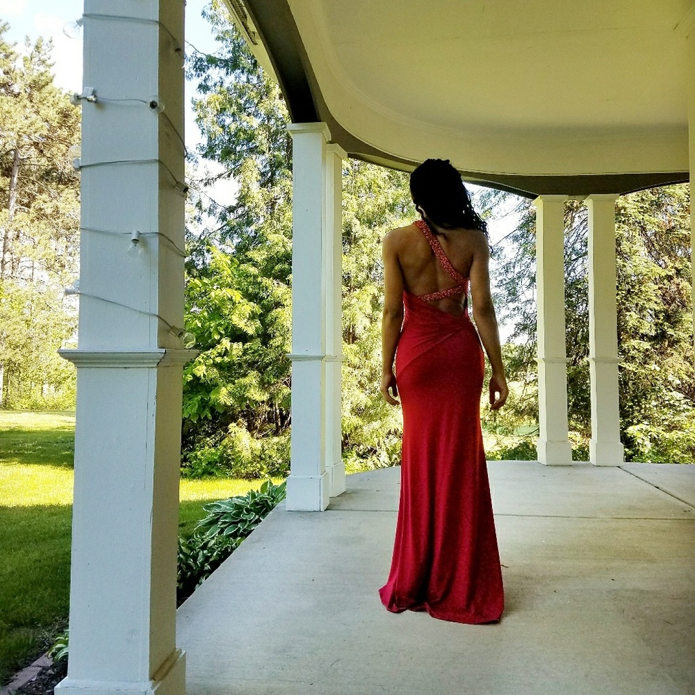 Red, jeweled event dress