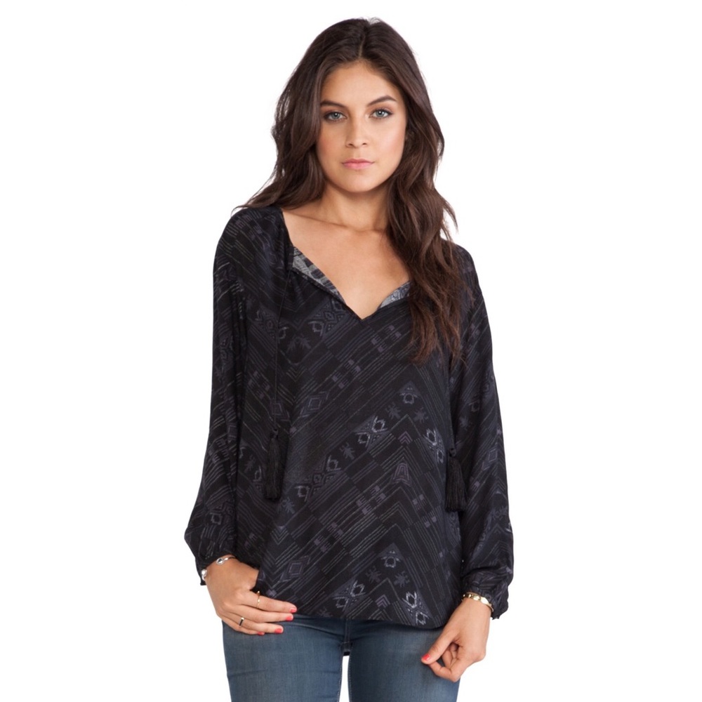 BB Dakota Cleta Printed Black Tassle Top Sz XS