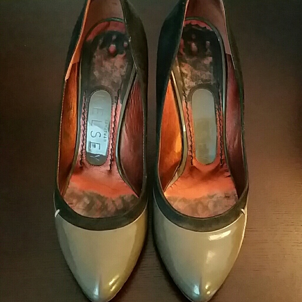 Jonathan Kelsey patent leather and suede heel