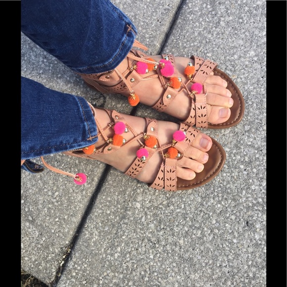 Lace-Up Tan Colorful Pom Pom Sandals 💕 - Picture 1 of 5