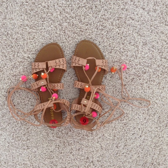 Lace-Up Tan Colorful Pom Pom Sandals 💕 - Picture 2 of 5