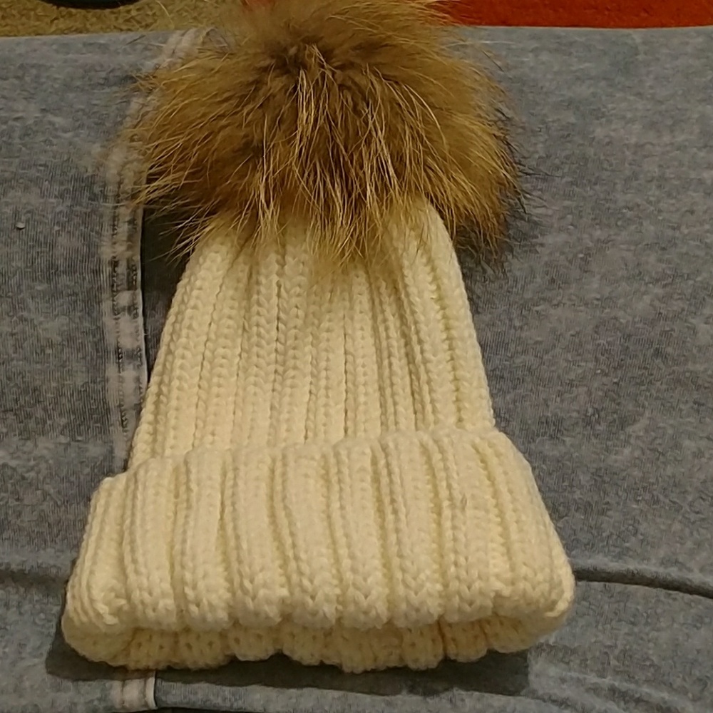 Winter white fur pompom hat