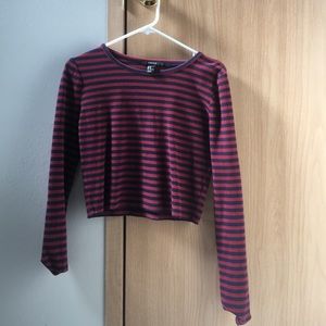 Long Sleeve Forever 21 Red & Blue Striped Crop Top