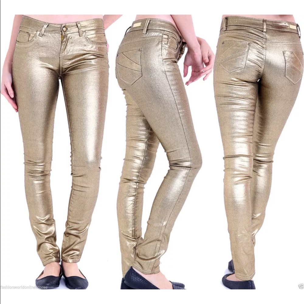 💕Gold Shiny Metallic Leather Look Skinny Jeans💕