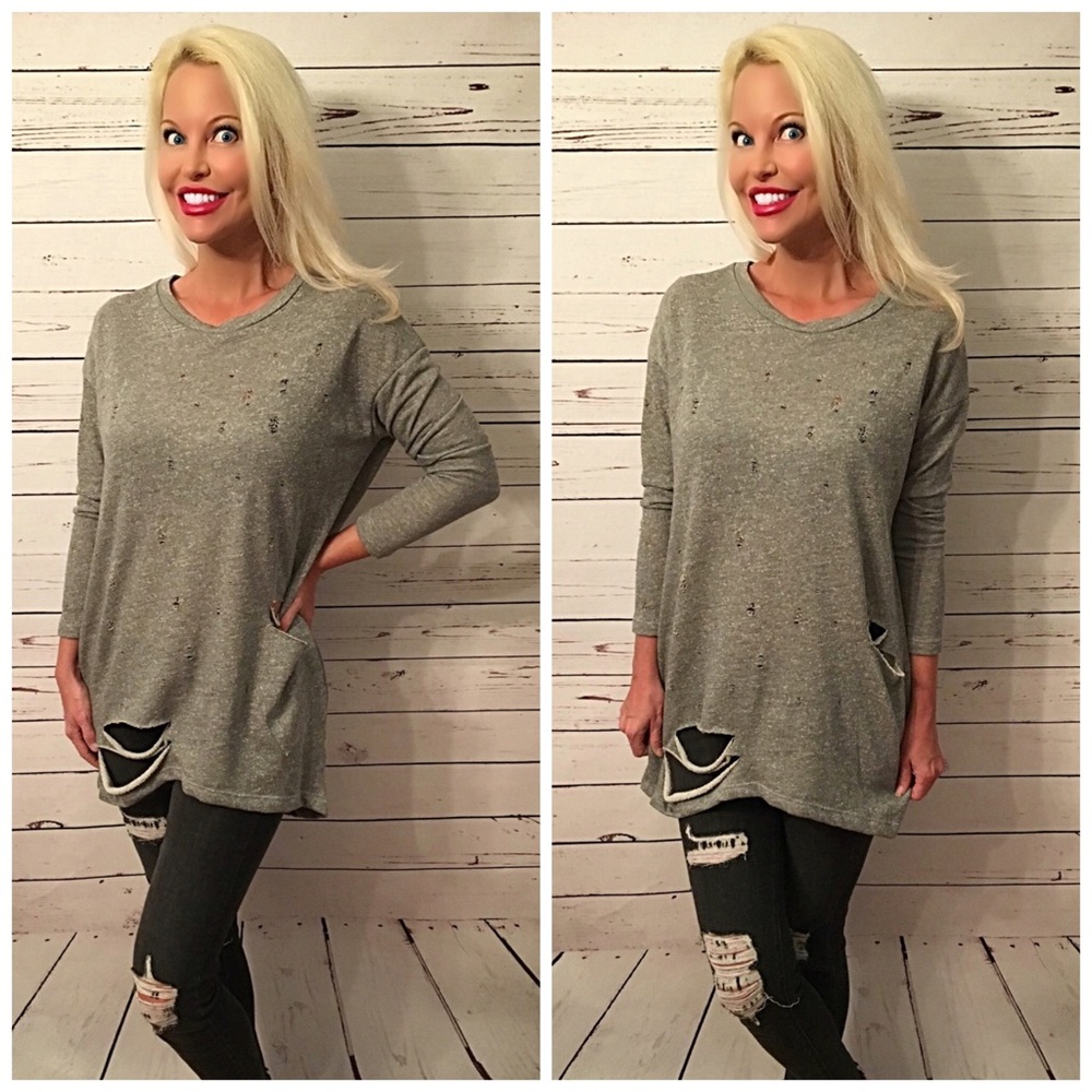 Adorable distressed French Terry Tunic w/pockets! - Picture 2 of 4