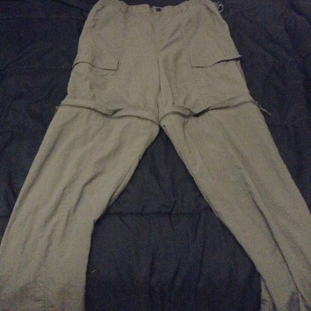 Greyish green pants that can turn into shorts