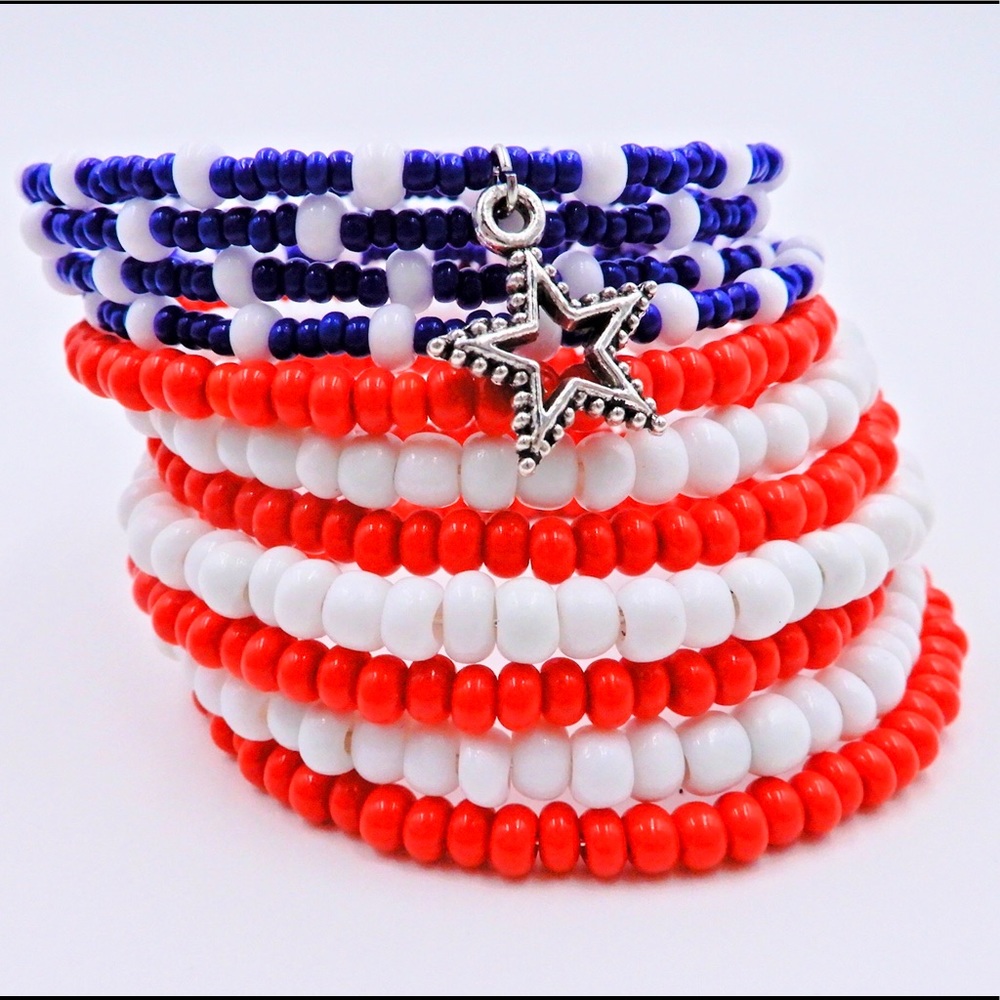 Red, white, and blue beaded cuff bracelets