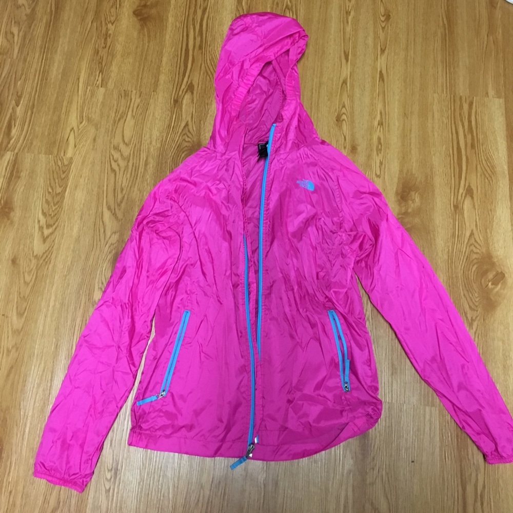 Hot pink/blue North Face Rain coat