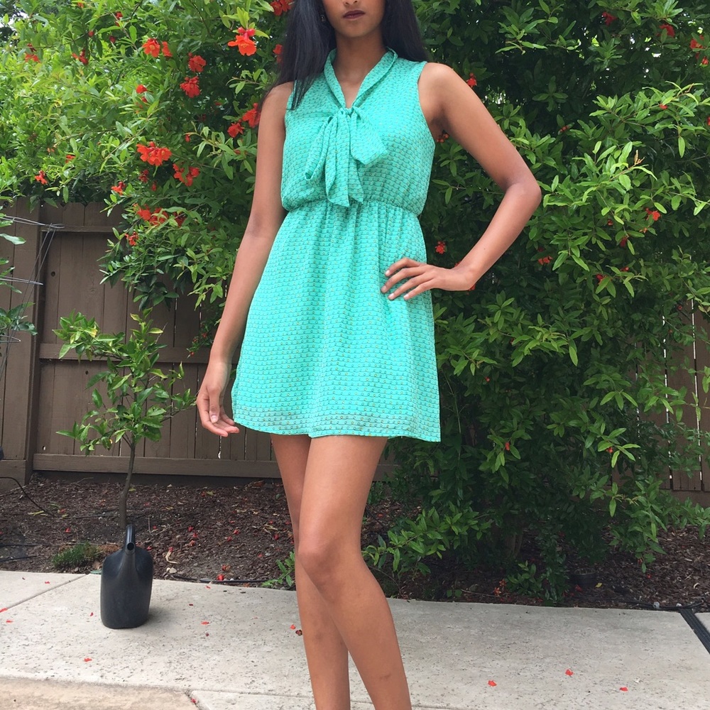 Mint Patterned Dress with Front Tie