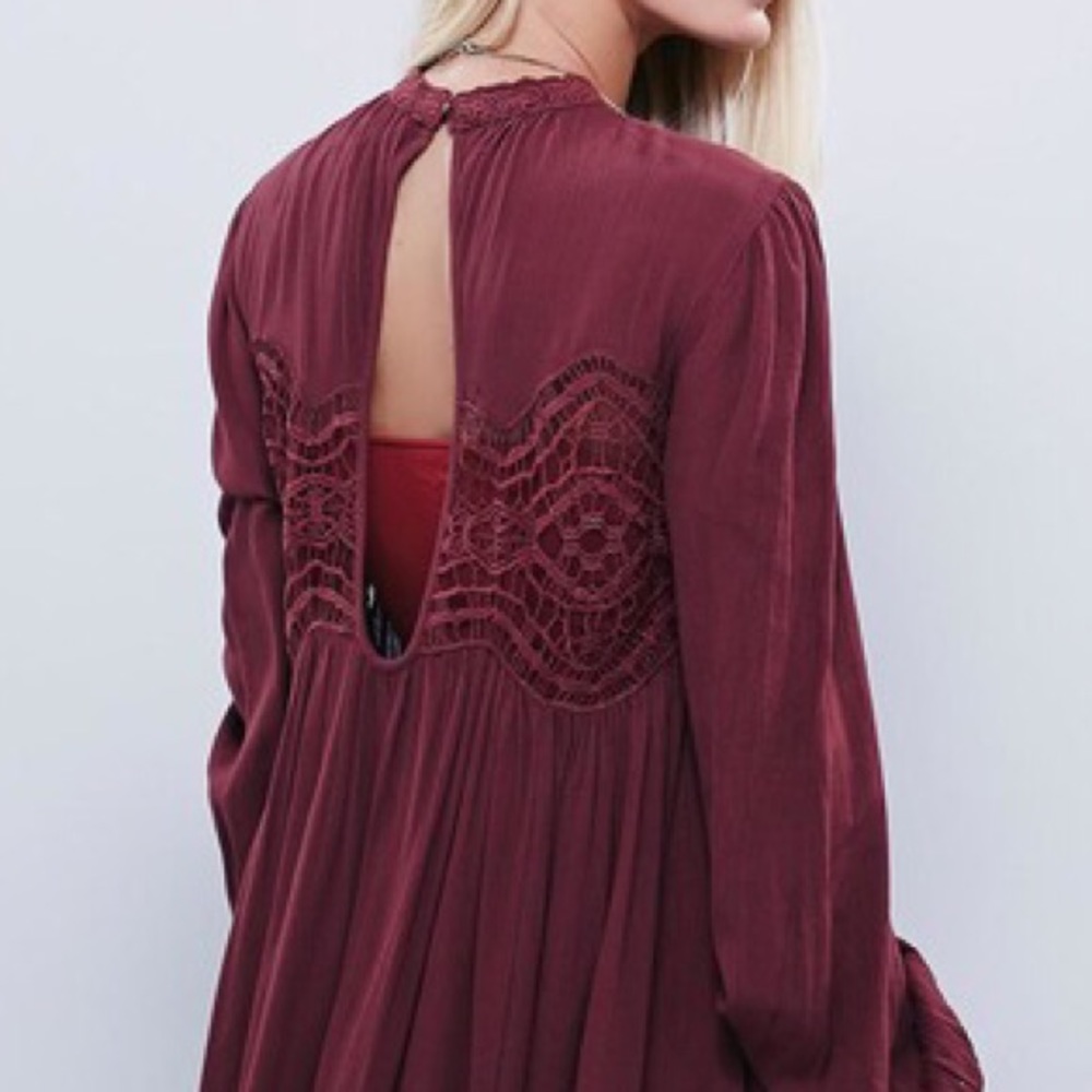 Burgundy Crochet Babydoll DRESS Longsleeve Keyhole - Picture 3 of 3