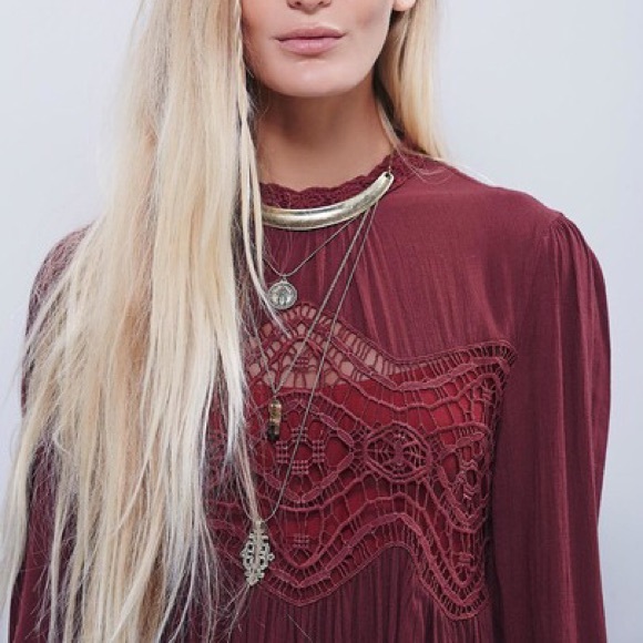 Burgundy Crochet Babydoll DRESS Longsleeve Keyhole - Picture 2 of 3