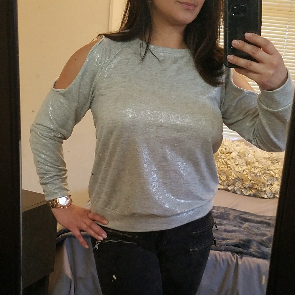 Slightly metallic cutoff shoulder sweater