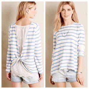 Anthropologie blue white stripe top with back lace