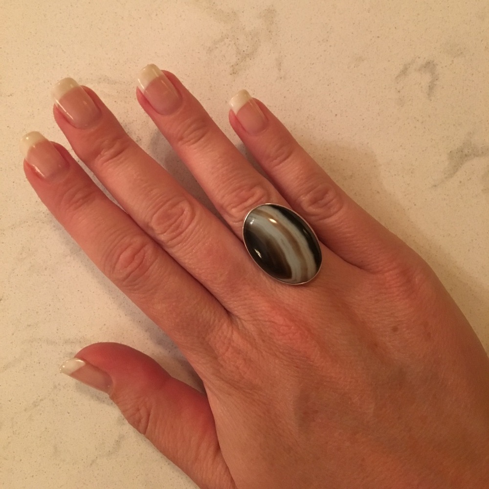 Black Banned Agate Sterling Silver Ring