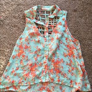 LF chiffon button up tank caged