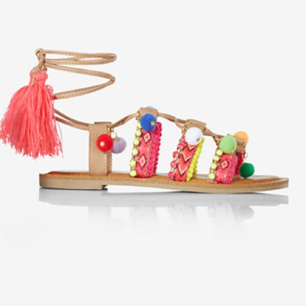 Size 8 tie up Pom Pom sandals from express