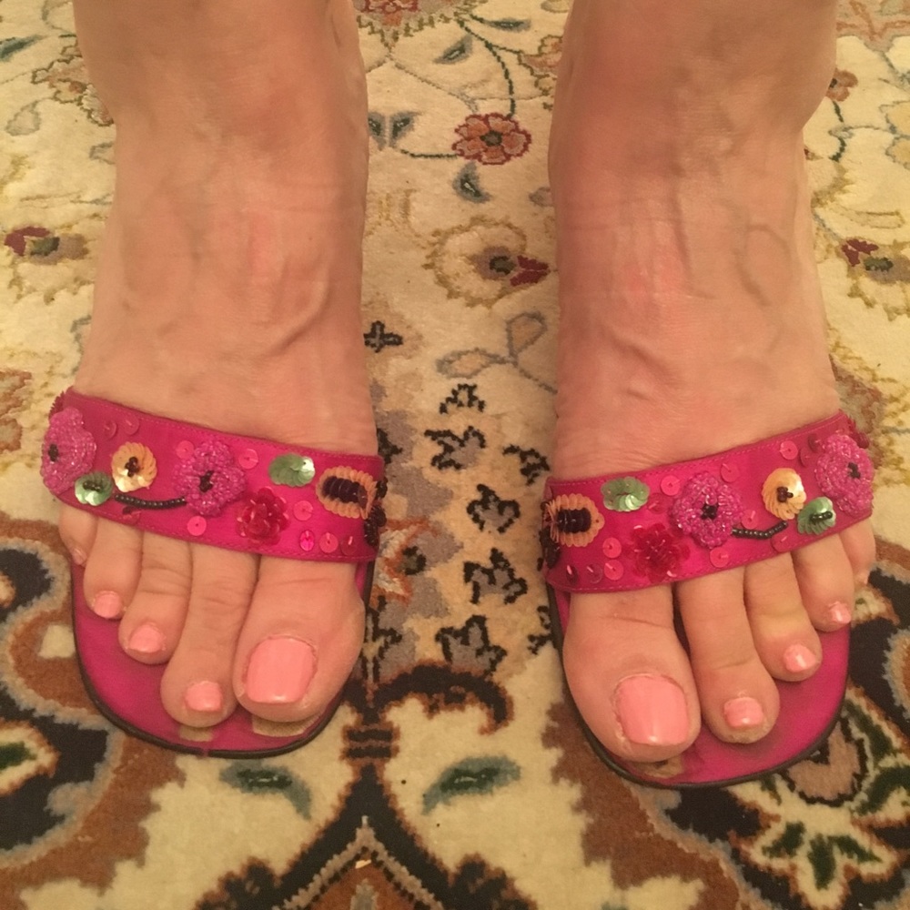 Leather Sole Hot Pink Embroidered heel