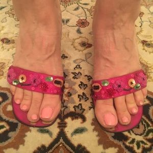 Leather Sole Hot Pink Embroidered heel