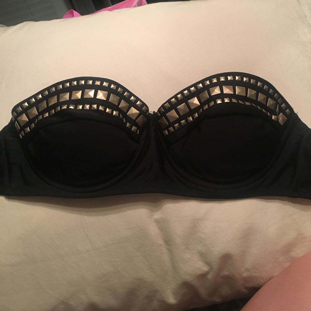 Black bandeau swim top with gold embellishments