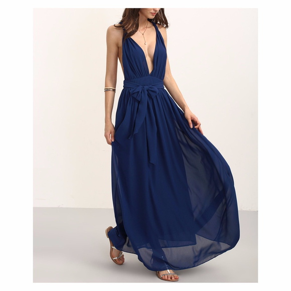 ❗️FINAL PRICE❗️Blue Deep V Tie Waist Maxi Dress - Picture 2 of 7