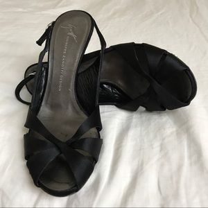 Black satin sandals with sexy silver heels 