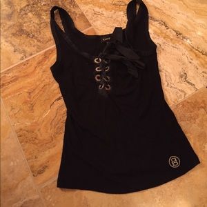 Bebe silk trimmed stretch tank with silk tie front