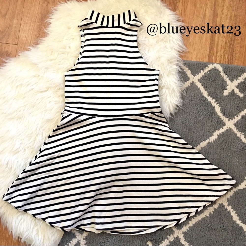 Black/White Striped Skater Dress w/Mock Turtleneck