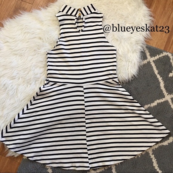 Black/White Striped Skater Dress w/Mock Turtleneck - Picture 2 of 6