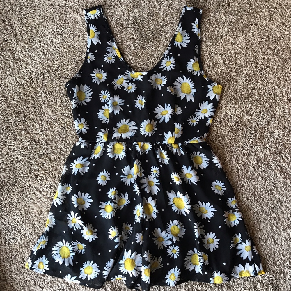 Floral Romper Shorts Black Sheer Flowy Drape Daisy