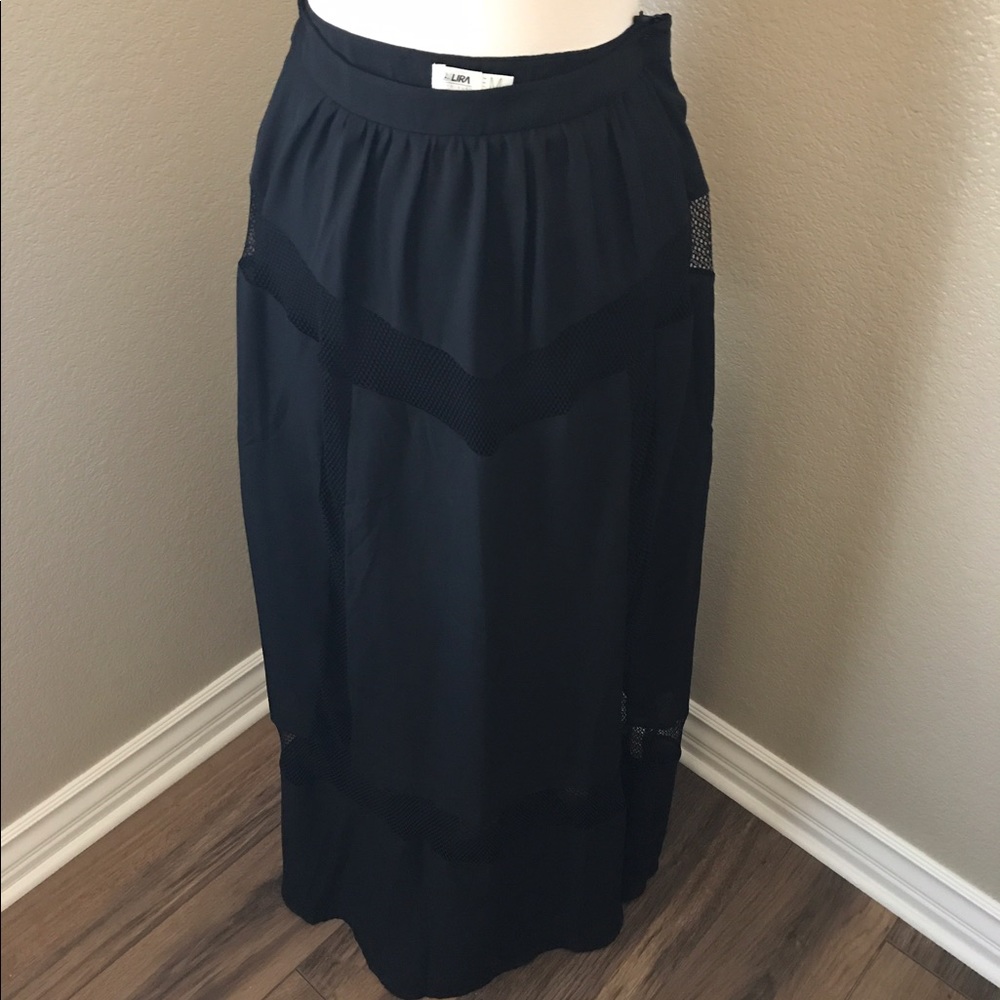 Black see through long skirt with mesh panels