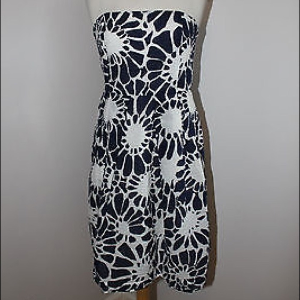 NEW J. Crew blue/white strapless patterned dress