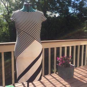 A blacks and white midi dress, by Sandra Darren.