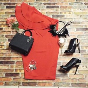 Red one arm ruffled dress