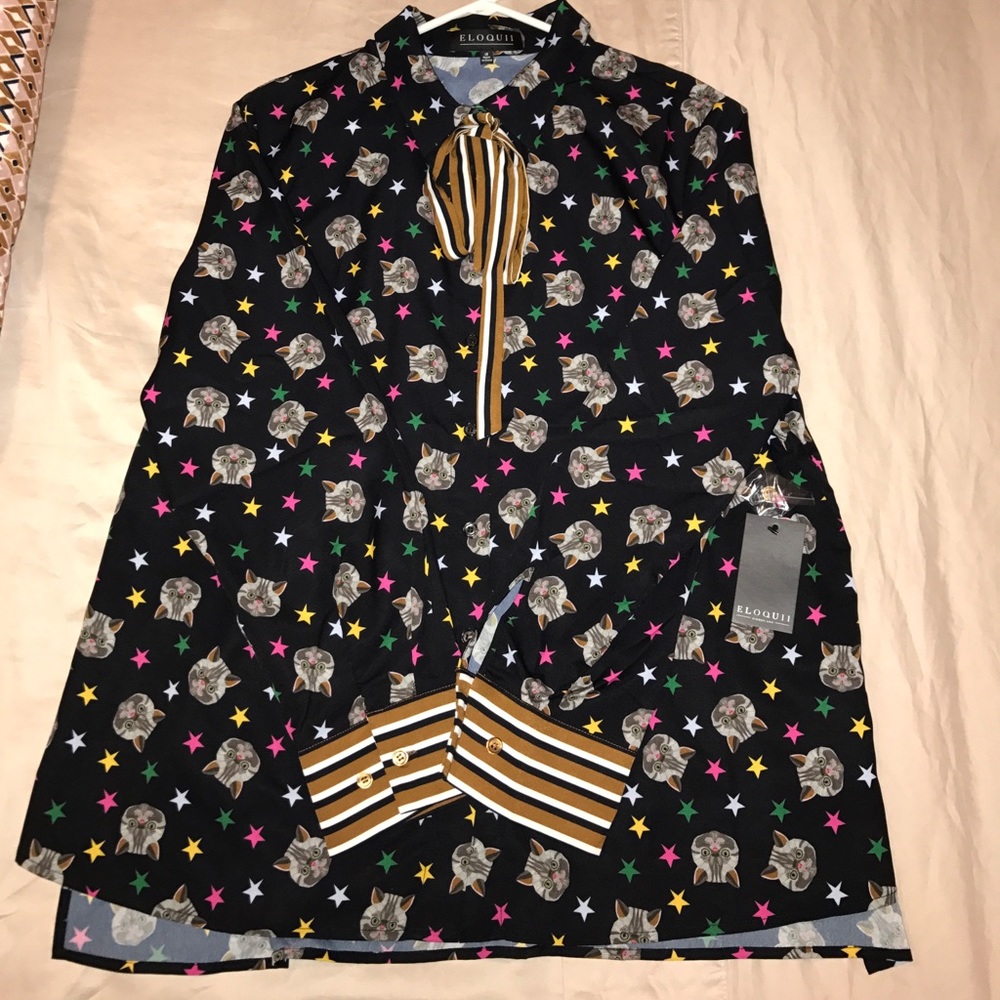 Eloquii Conversation Blouse in Cat Print NWT