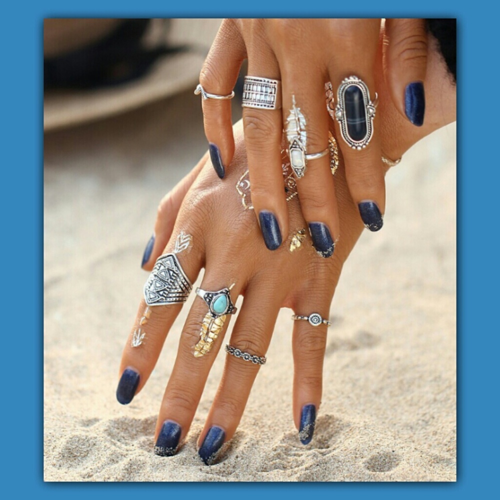 Bohemian Midi Ring 8pc set~Blue - Picture 1 of 5