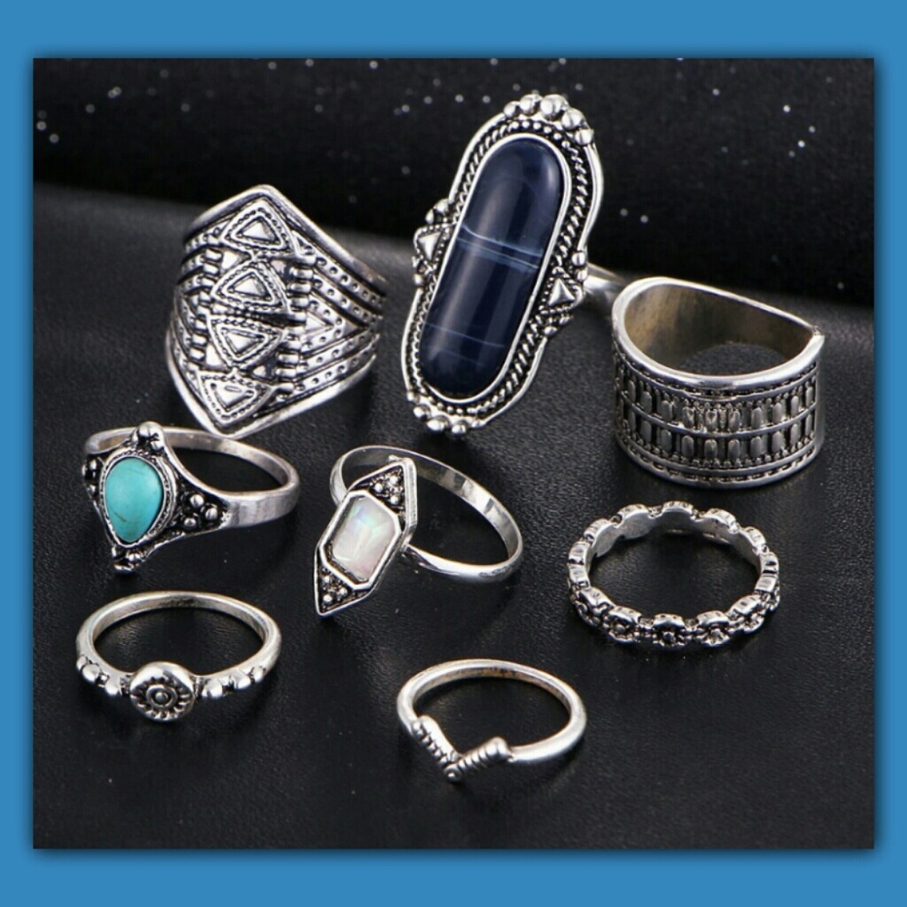 Bohemian Midi Ring 8pc set~Blue - Picture 3 of 5