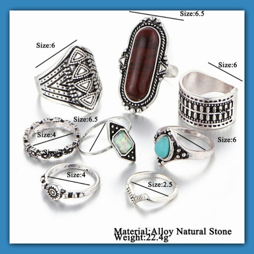 Bohemian Midi Ring 8pc set~Blue - Picture 5 of 5
