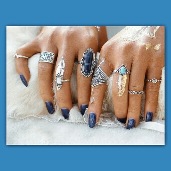 Bohemian Midi Ring 8pc set~Blue - Picture 2 of 5