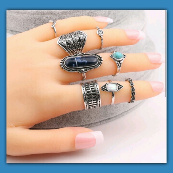 Bohemian Midi Ring 8pc set~Blue - Picture 4 of 5