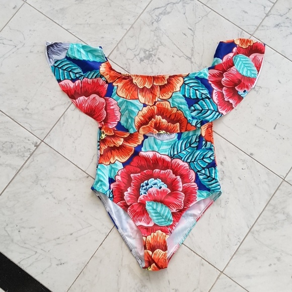 Floral Off the Shoulder Ruffle One Piece Swimsuit - Picture 5 of 8