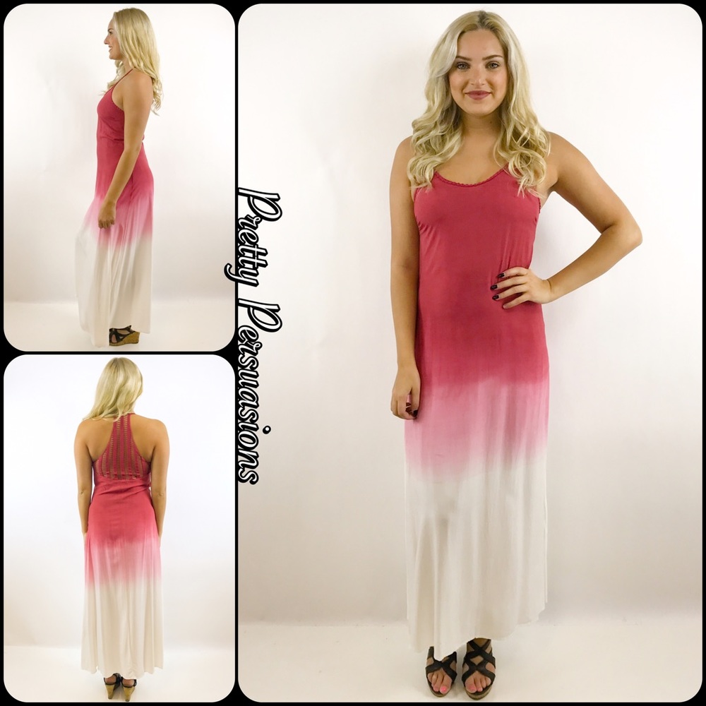 NWT Wine Pink Ivory Ombré Crochet Back Maxi Dress - Picture 2 of 8