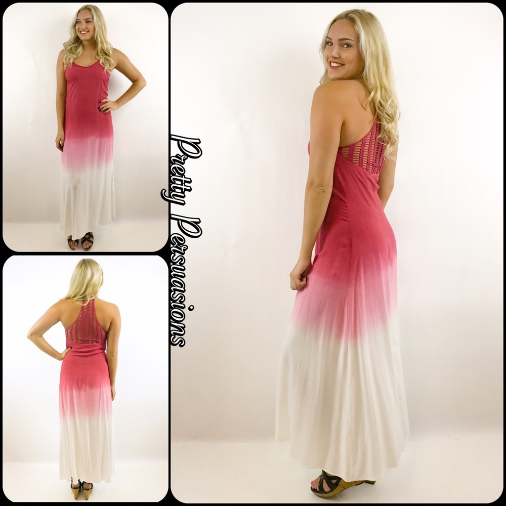 NWT Wine Pink Ivory Ombré Crochet Back Maxi Dress - Picture 4 of 8