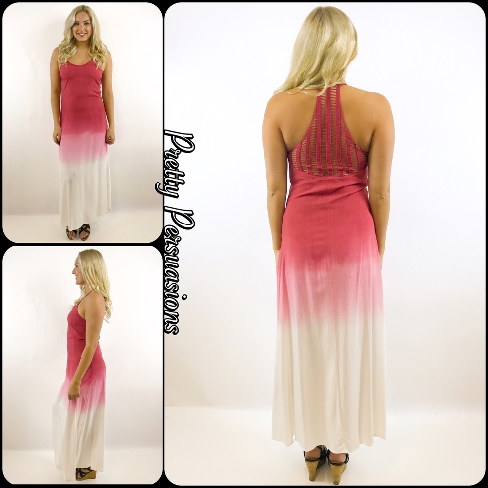 NWT Wine Pink Ivory Ombré Crochet Back Maxi Dress - Picture 5 of 8