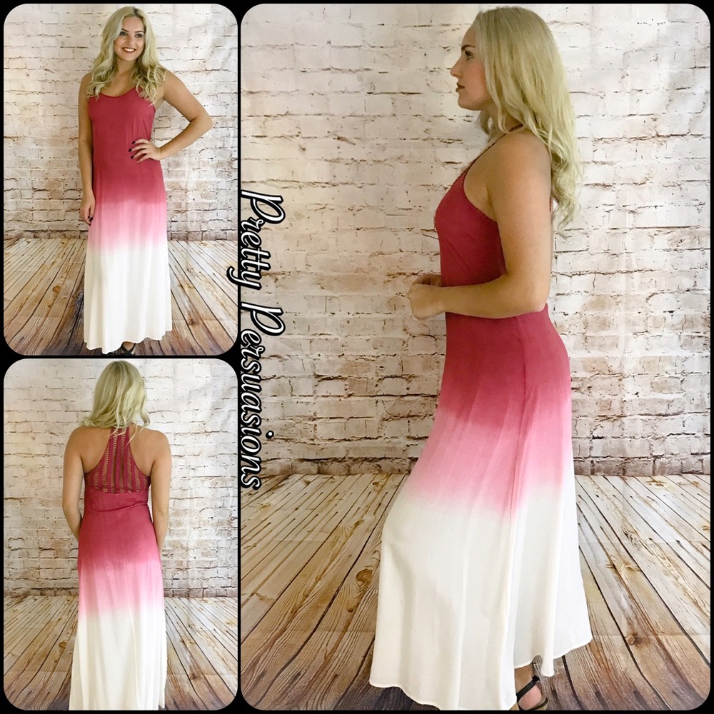 NWT Wine Pink Ivory Ombré Crochet Back Maxi Dress - Picture 6 of 8