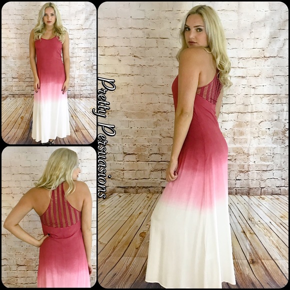 NWT Wine Pink Ivory Ombré Crochet Back Maxi Dress - Picture 3 of 8