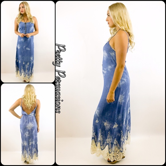 NWT Denim Blue & Crochet V-Back Maxi Dress - Picture 2 of 8