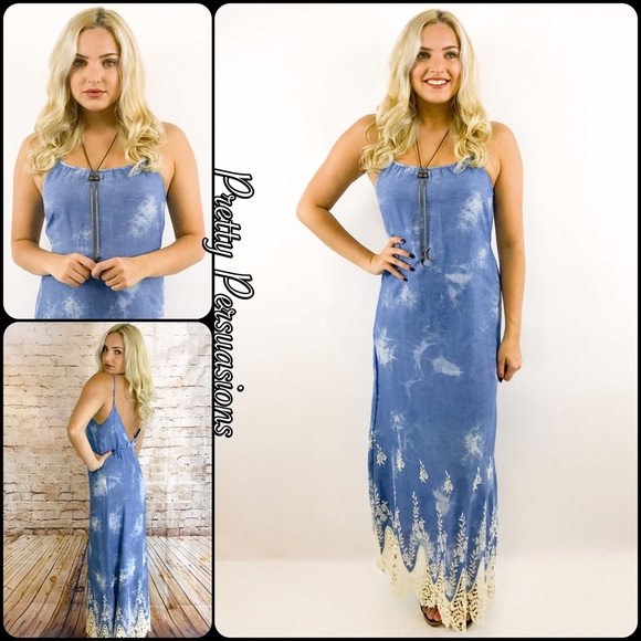 NWT Denim Blue & Crochet V-Back Maxi Dress - Picture 5 of 8